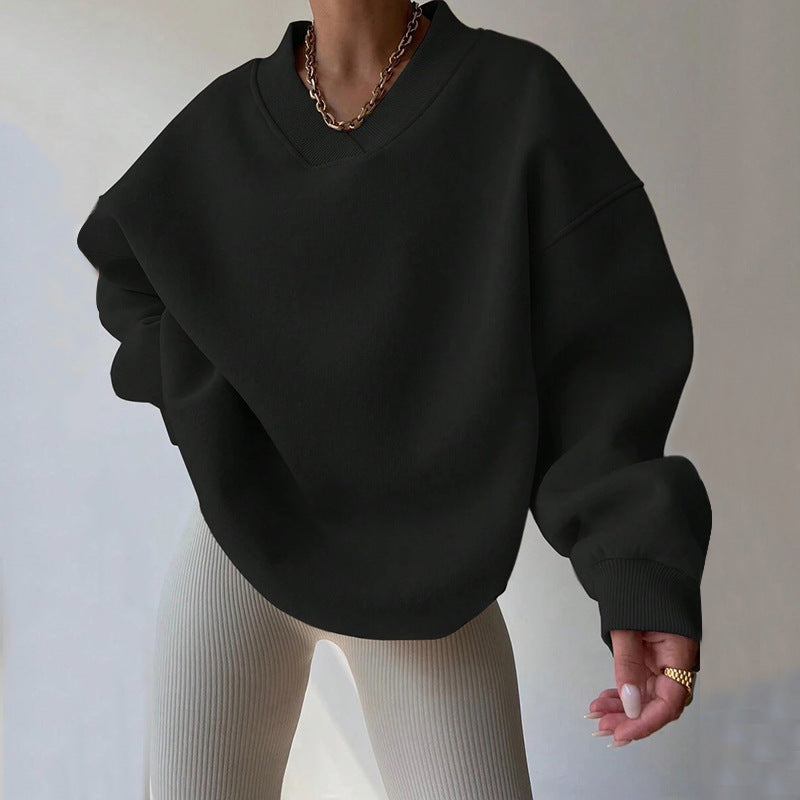 Kvinder Oversized Sweatshirt med V-hals og brede ærmekanter Skovae