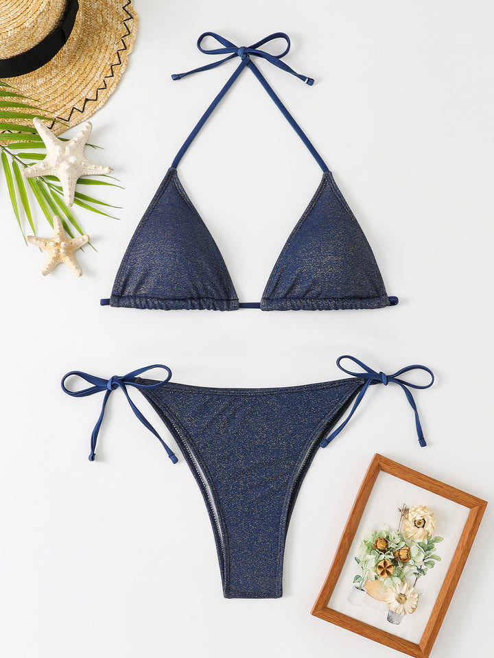 Dame Triangel-Bikini med glitrende rynkedesign Skovae