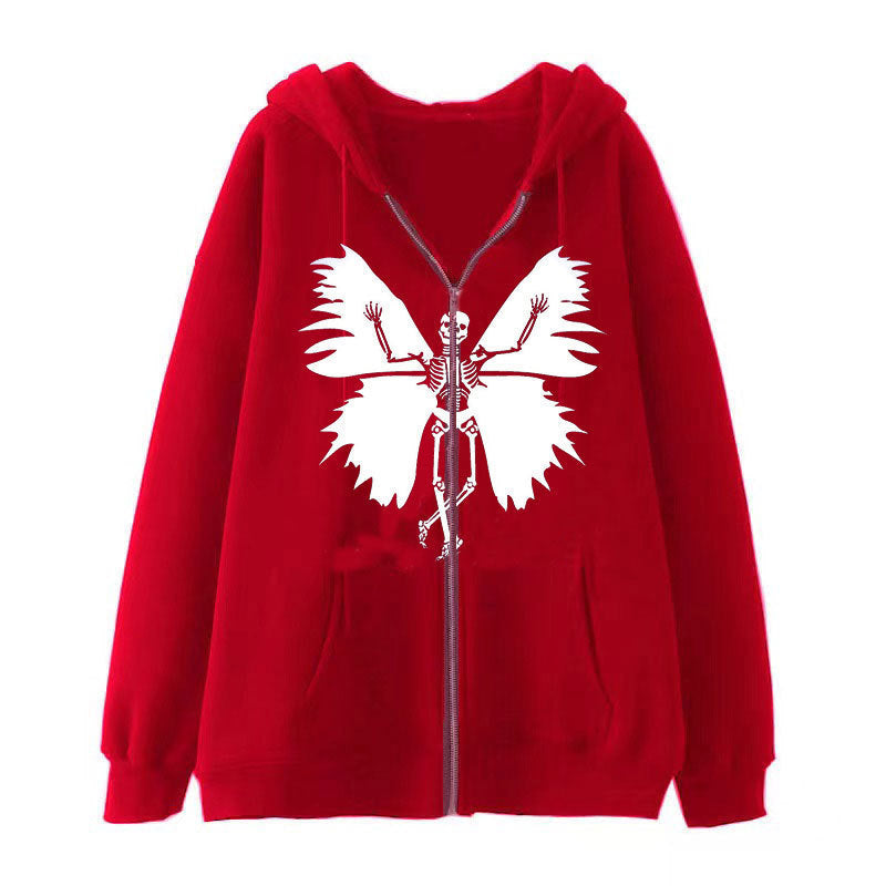 Kvinder's zip hoodie med unikt skelet og sommerfugl design Skovae