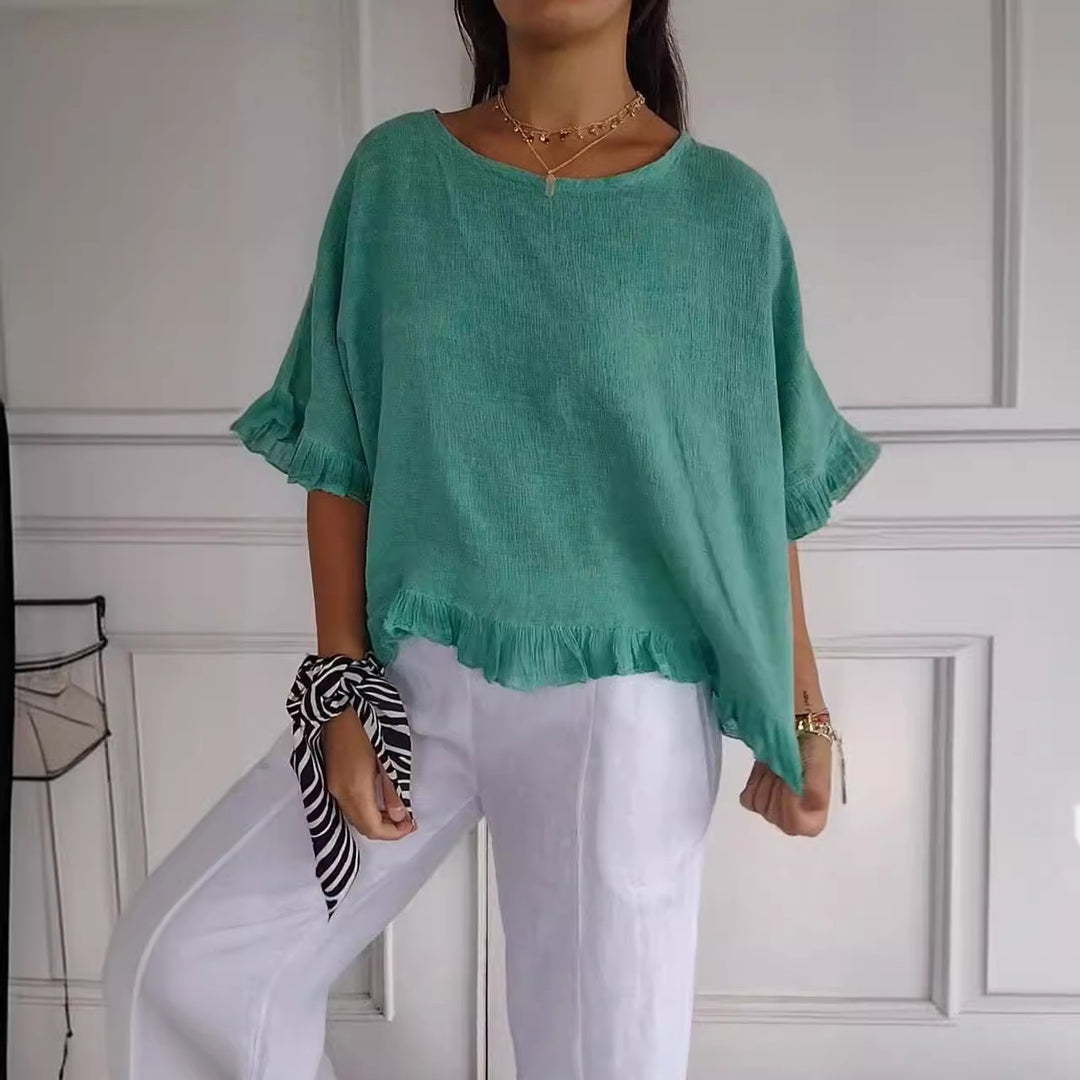 Dame afslappet bluse med flæse detaljer Stilla