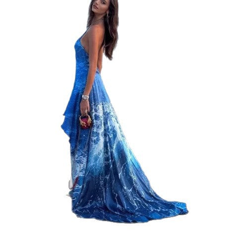 Femme Rygfri Maxi Kjole med Vand-inspireret Tryk Stilla