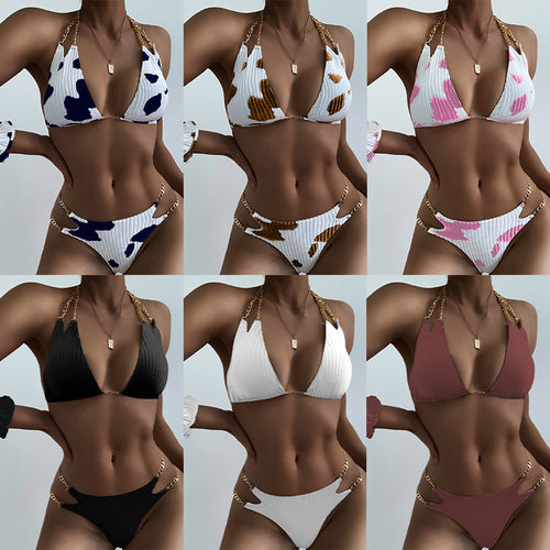 Dame triangel-bikini med luksuriøse kædeaktioner og moderigtigt ko-mønster Skovae