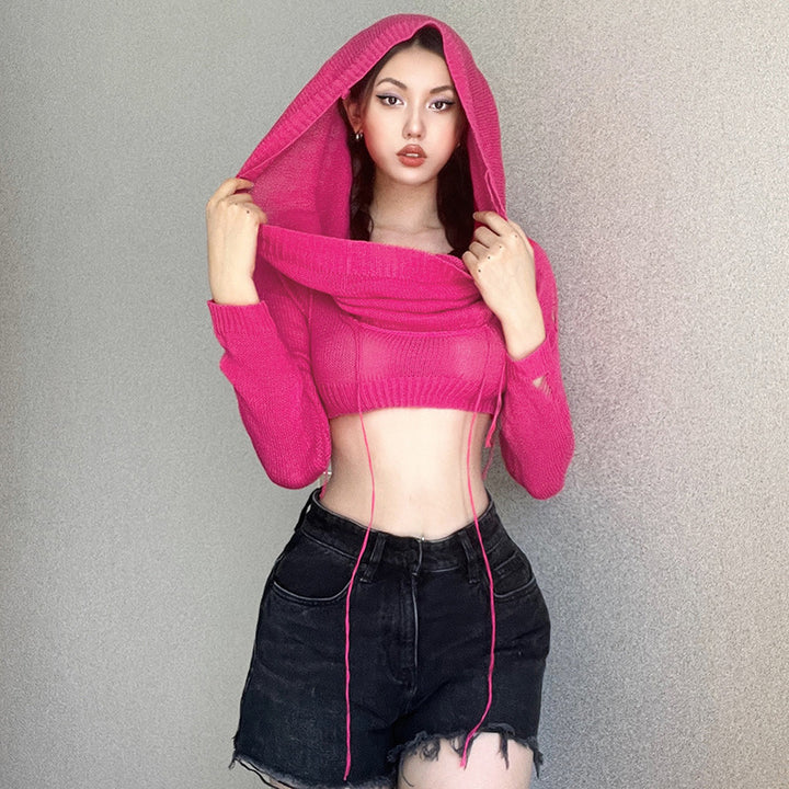 Dame Crop-Pullover med innovativ hætte-design og dyb udskæring Stilla