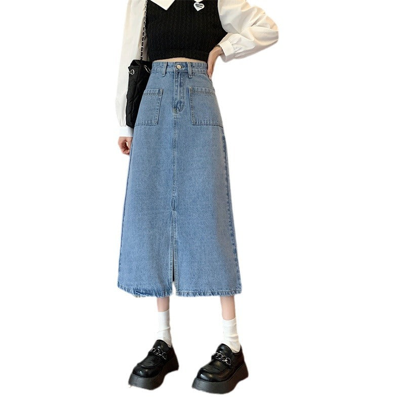 Kvinder Lang Denim Nederdel med Praktiske Lommer Stilla