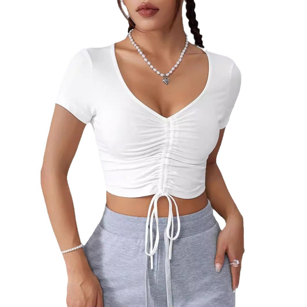 Dame Cropped Top med raffinerede flæse-detaljer og snøre Skovae