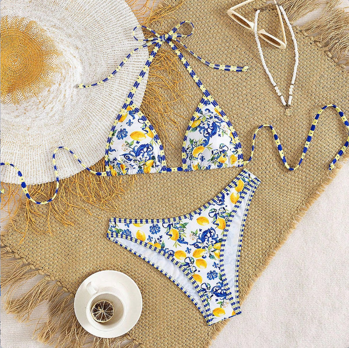 Dame Triangle-Bikini med blomstret design og bindedetaljer Skovae