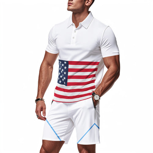 Herrer Polo-Shirt og Shorts-Sæt med flagmotiver og moderne snit Stilla
