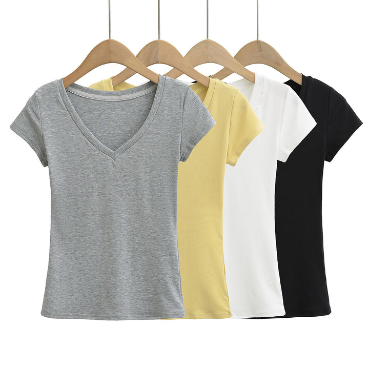 Dame V-hals Basic T-shirt lavet af blødt bomuldsblanding med figursyet pasform Stilla