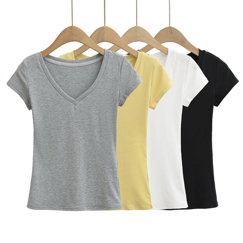 Dame V-hals Basic T-shirt lavet af blødt bomuldsblanding med figursyet pasform Stilla