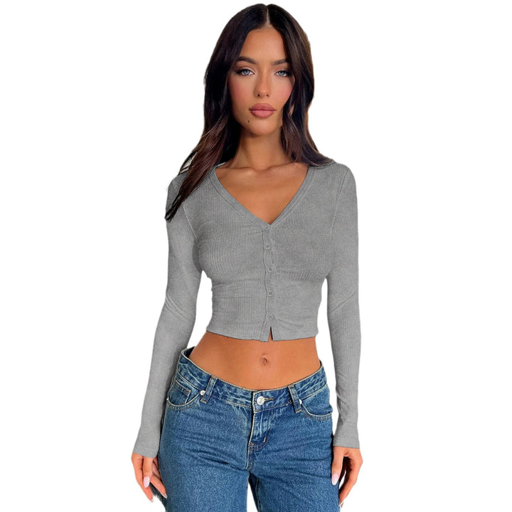 Dame cropped rib-top med knaplukning og dyb V-hals Stilla