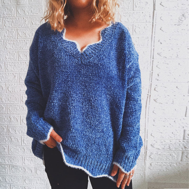 Dame afslappet strik pullover med V-hals og struktureret stof Stilla