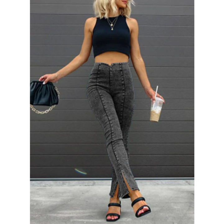 Dame High-Waist Denim-Bukser med sidelommer og knaplukning Stilla