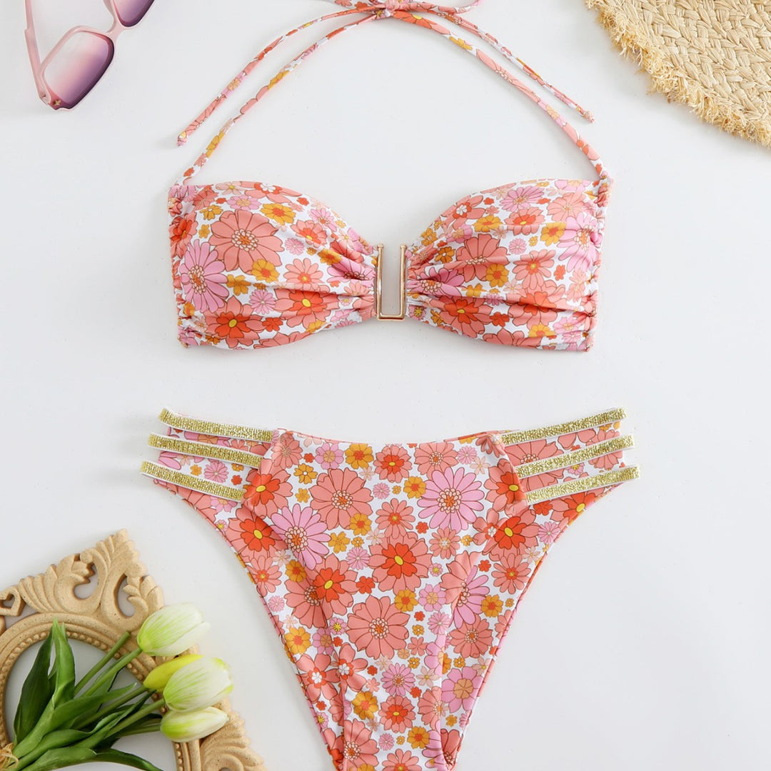 Dame Bikini Sæt med legende blomsterprint og gyldne accenter Stilla