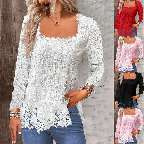 Dame spidsbluse med elegant firkantet udskæring og florale motiver Stilla