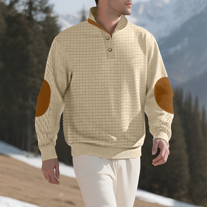 Herrer nan rutet quiltet sweatshirt med henley-lukning høj krave og velour albue-patch Skovae