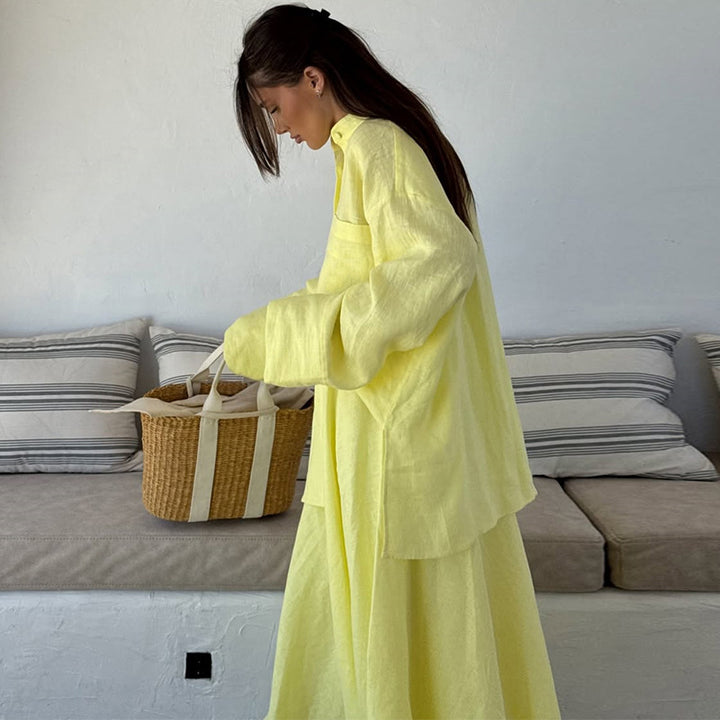 Dame let linned bluse med figursyet overshirt og flydende maxiskørt Stilla