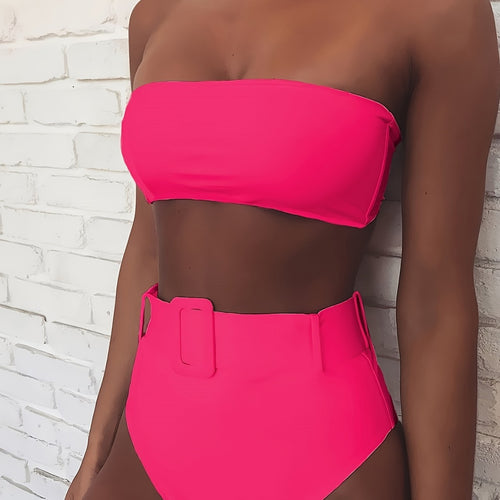 Dame Bandeau-bikini-sæt med højtaljet buks og trendy bælte detalje Skovae
