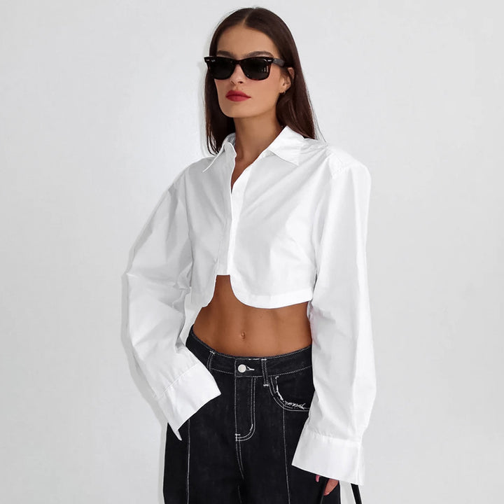 Dame cropped bluse med voluminøse ærmer og moderne krave Stilla