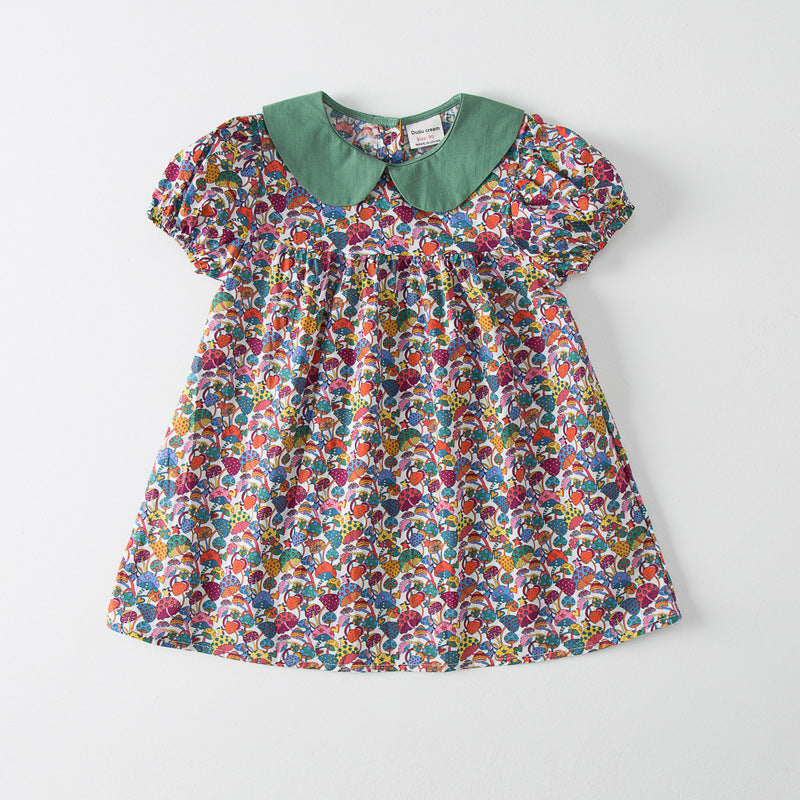 Pige Floral Print A-linje Kjole med Kontrastkrave Stilla
