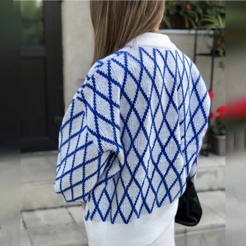Femme Artistic Diamond Pattern Strikpullover Stilla