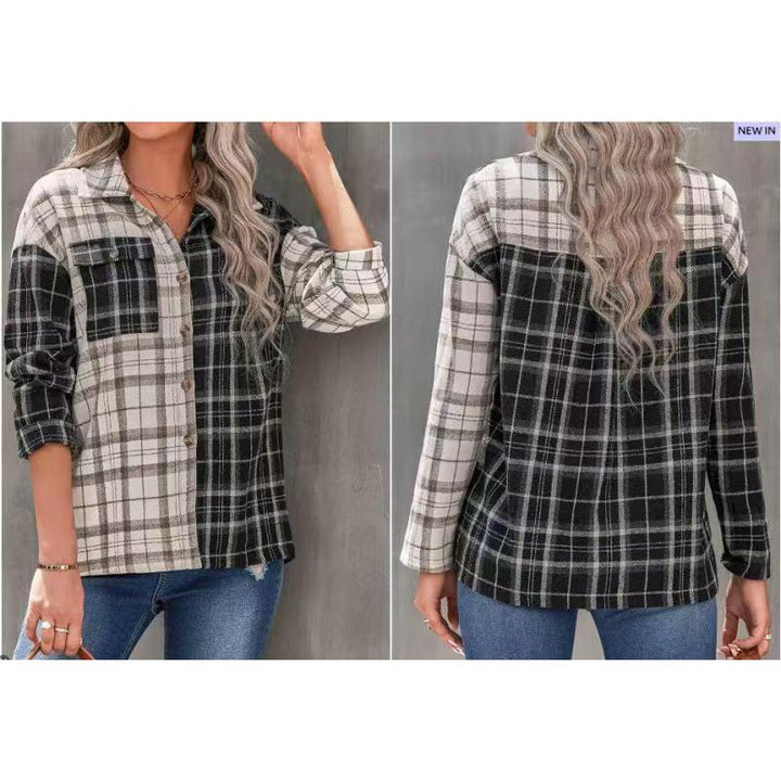 Dame Ternet Flannelbluse med Knaplukning og Brystlomme Stilla