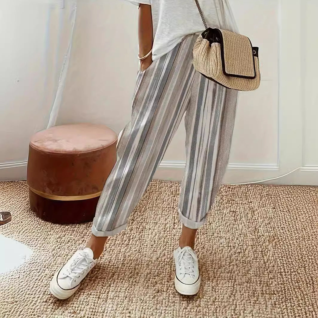 Dame afslappet stribet culotte-style bukser med elastisk talje og sidelommer Stilla