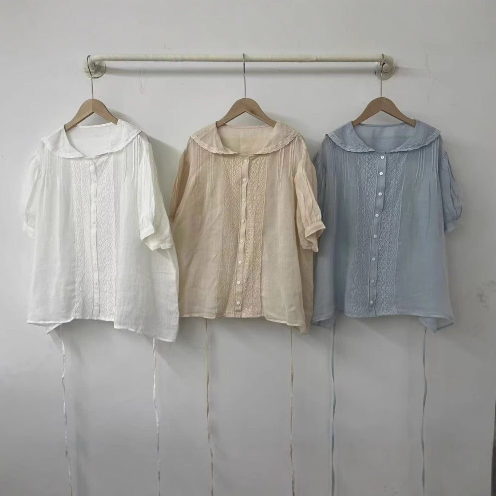 Dame Button-Up Bluse med spidsekrave og justerbart bånd Stilla