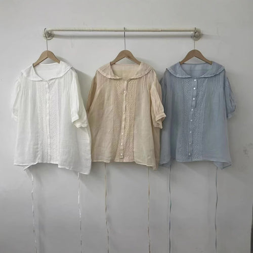 Dame Button-Up Bluse med spidsekrave og justerbart bånd Stilla