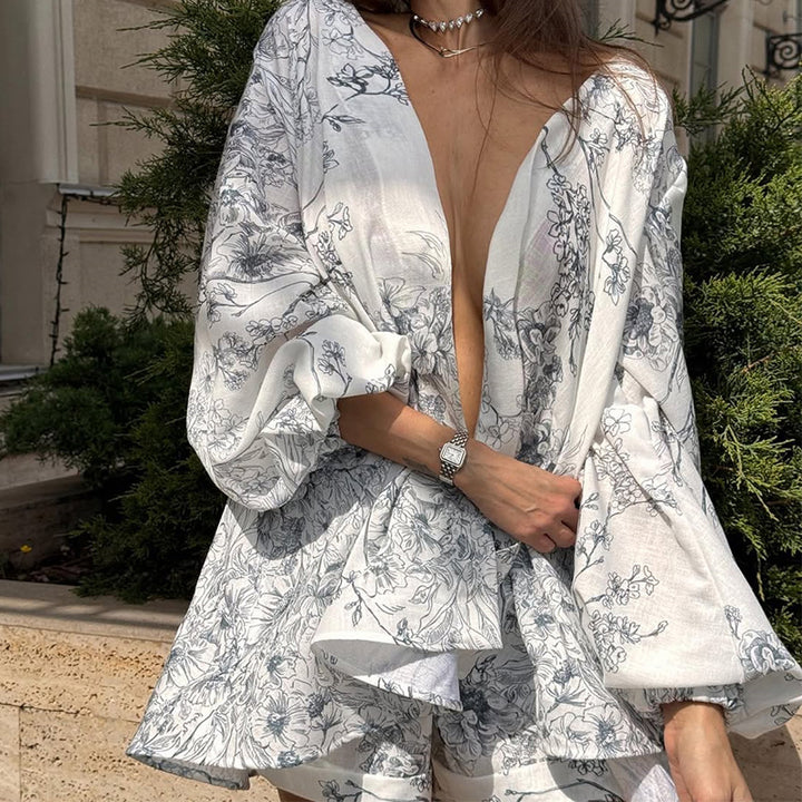 Dame sommer sæt med elegant blomstret design og voluminøse ærmer Stilla