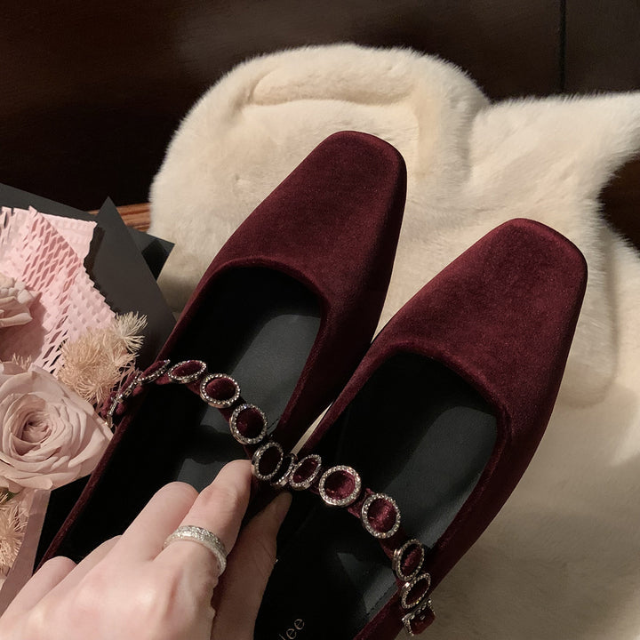 Dame Elegante Firkantede Tå Mary Jane Flats med Dekorative Ædelstensremme Stilla