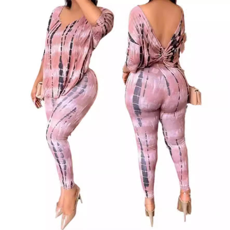 Dame Casual kombinationsoutfit med abstrakt mønster og overskydende ærmer Skovae