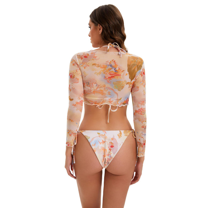 Dame Bikini-sæt med langærmet crop-top og blomsterdesign Skovae