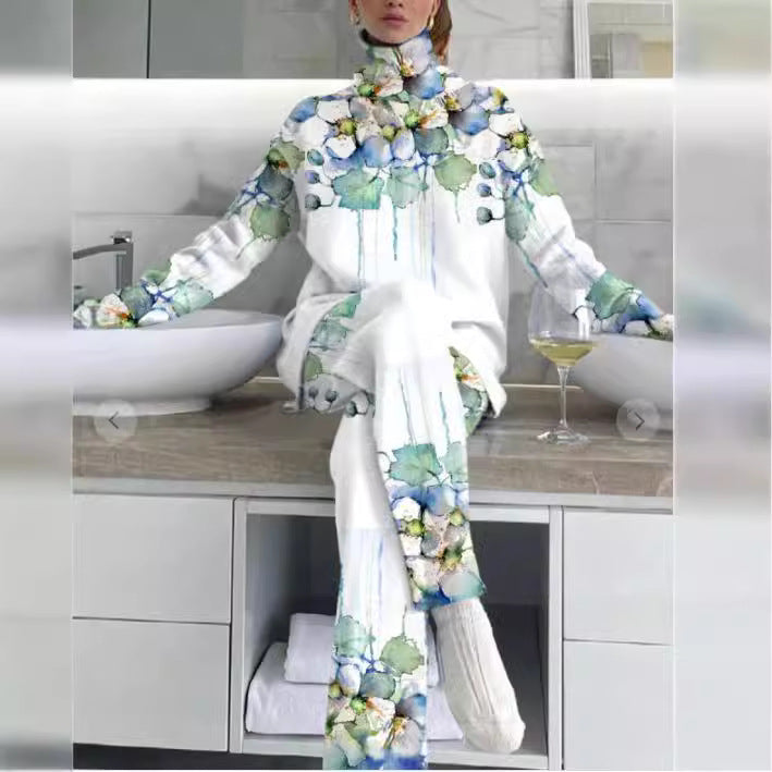Dame afslappet lounge-sæt med blomsterprint og høj krave Stilla