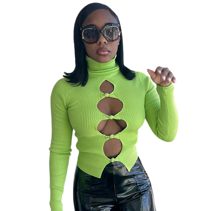 Dame trendy top med spændende cut-out-design og høj krave Stilla