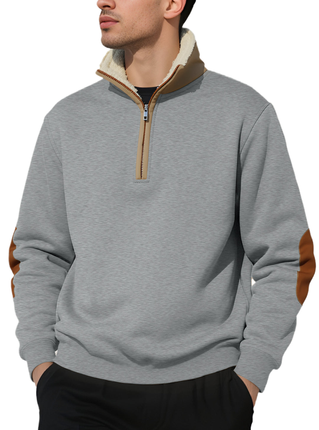 Herre nan legeres halvzip-sweatshirt med sherpa-futteret ståkrave og kunstlæder-albueapplikation Skovae