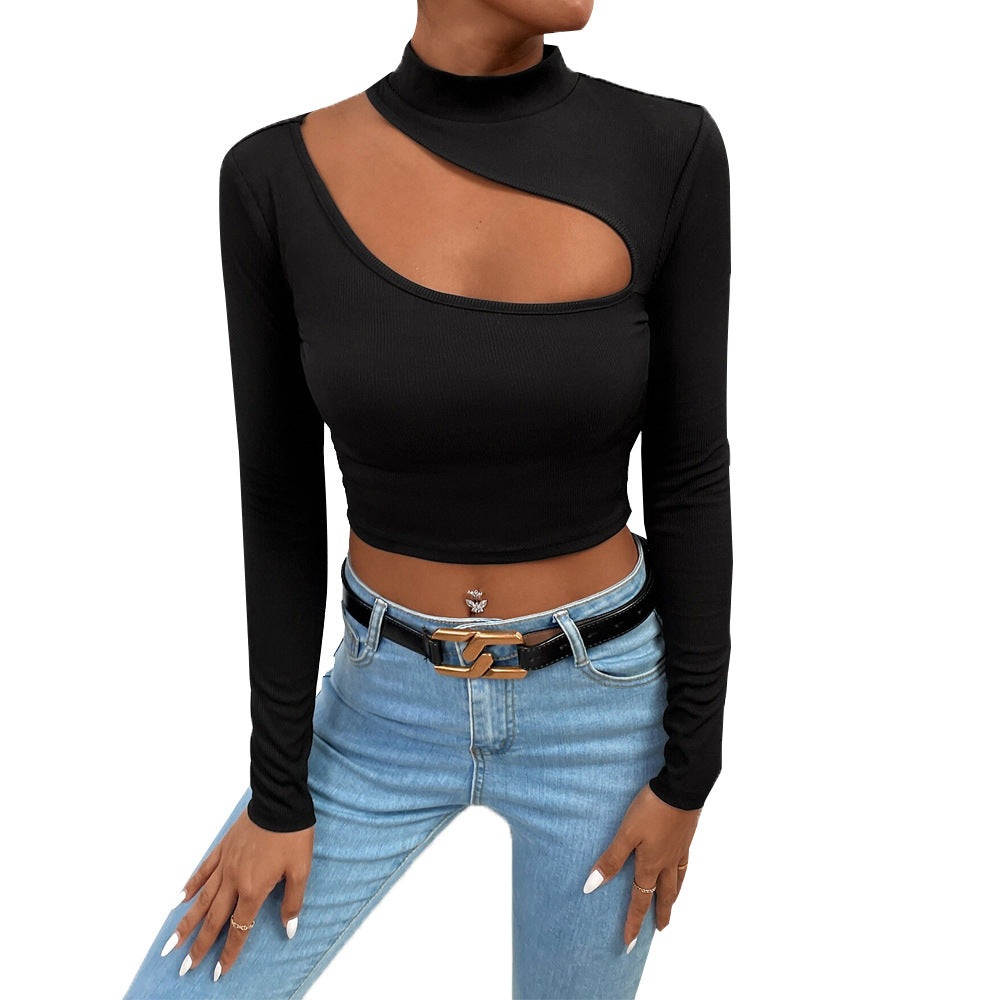 Kvinders langærmet crop top med asymmetrisk halsudskæring og elegant stående krave Stilla