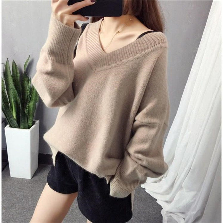 Kvindernes chunky strik V-hals sweater med en afslappet pasform og oversized ærmer Stilla