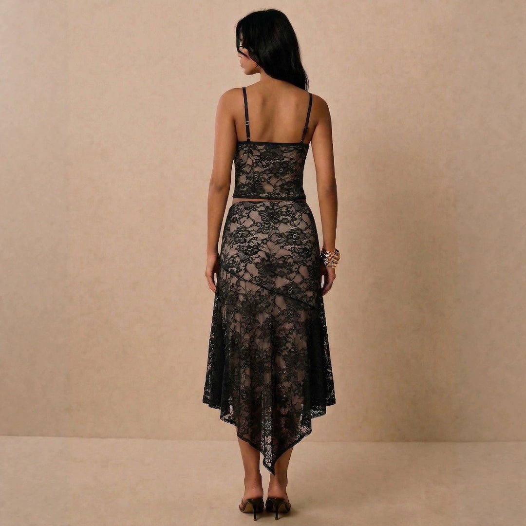 Dame nan spidser-sæt med bustier-croptop og asymmetrisk midineskirt Skovae