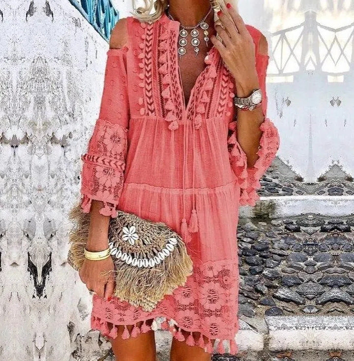 Dame Boho-tunika med spidsdetaljer og åbne skuldre Stilla