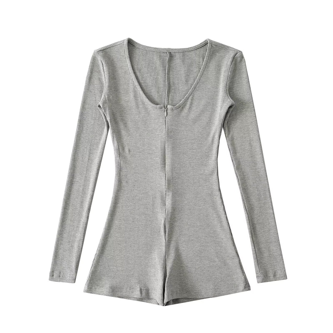 Dame Langærmet Playsuit med dyb Rundhalssnit og praktisk Lynlås Stilla