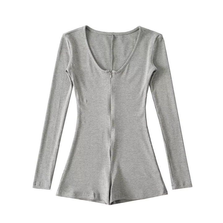 Dame Langærmet Playsuit med dyb Rundhalssnit og praktisk Lynlås Stilla