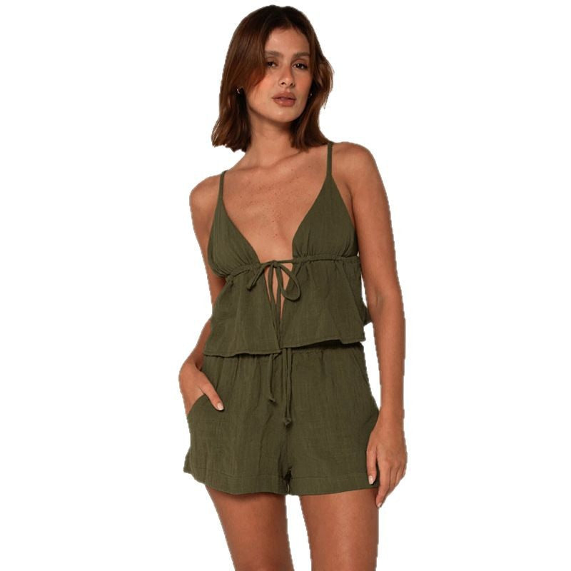 Damen elegantes Halter-Top mit herausragender Raffung und kurzen Shorts Skovae