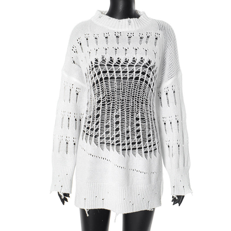 Dame Oversized Strikpullover med hulmønster Stilla
