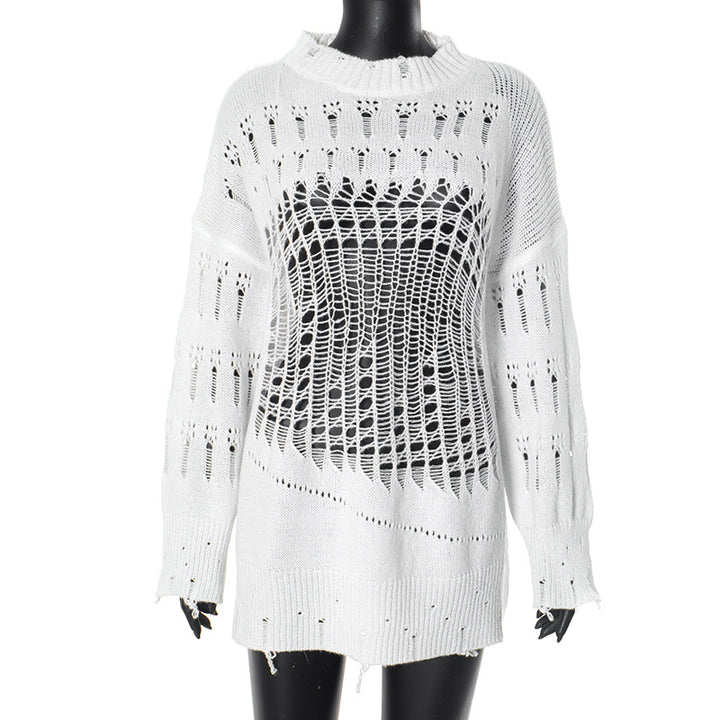 Dame Oversized Strikpullover med hulmønster Stilla