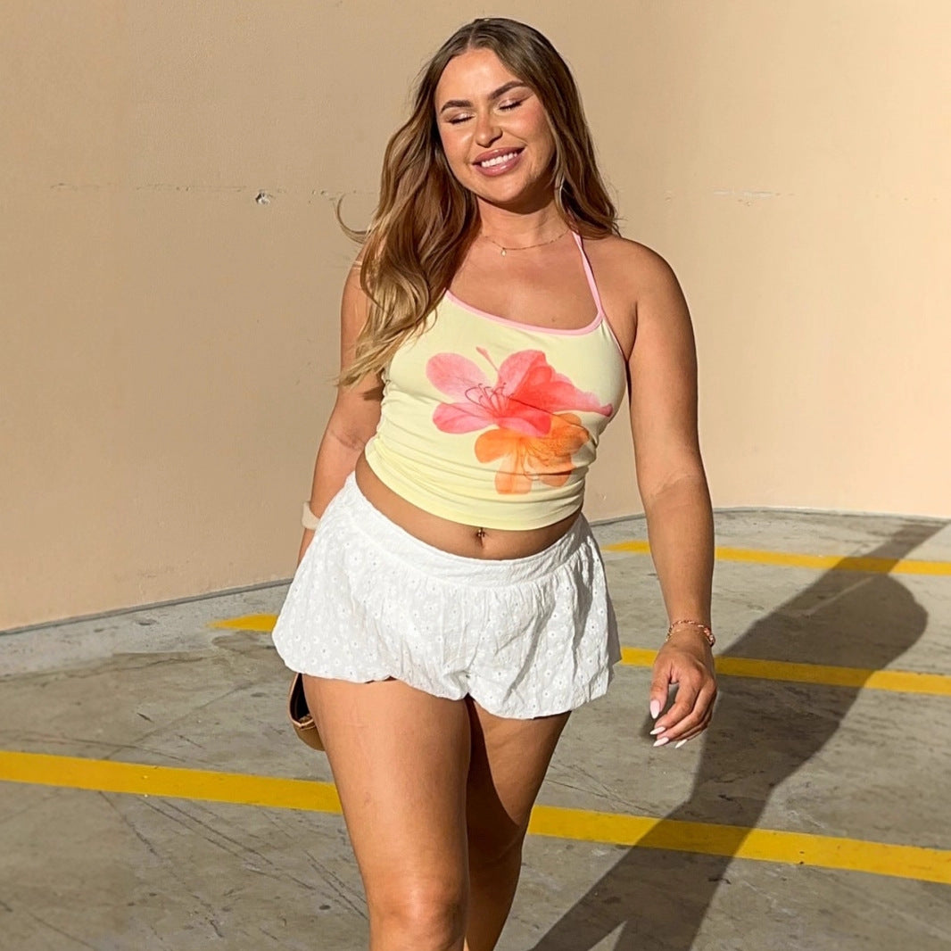 Dame Crop-Top med floralt print og halterneck Skovae