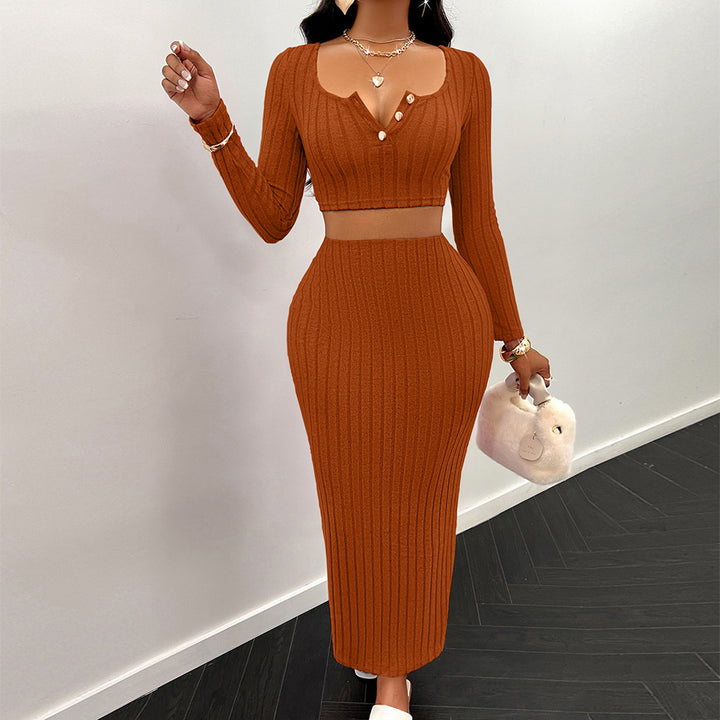 Dame elegant, ribbet Crop-Top og Maxi-Nederdel Sæt Stilla