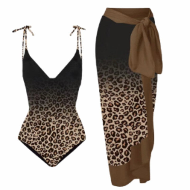Dame badedragt med elegant leopardmønster og kombineret omslagsnederdel Stilla