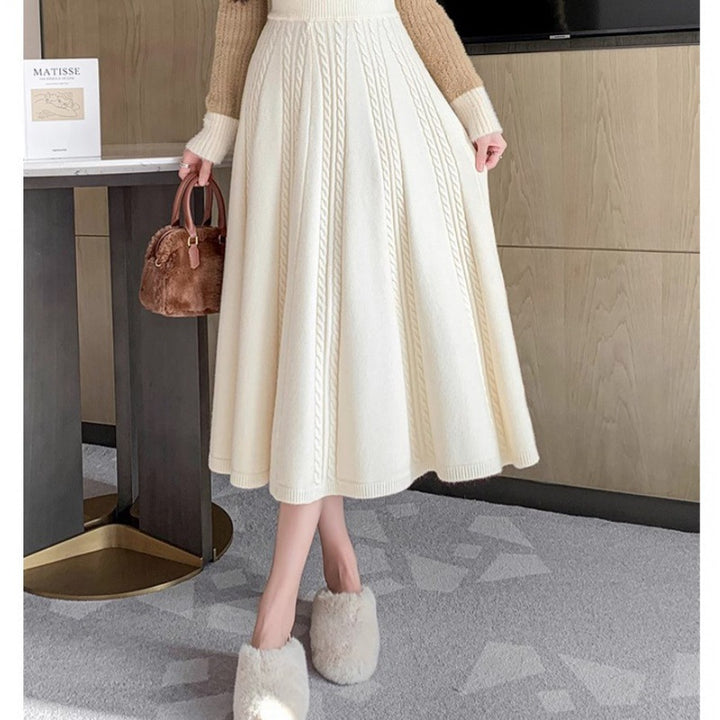 Damer Elegant Midi Nederdel med Kabel Strik Mønster og Bred Snit Stilla