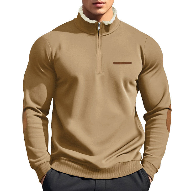 Herre nan halvzip-troyer med teddyfleece-krave og læder-albue-patches Skovae