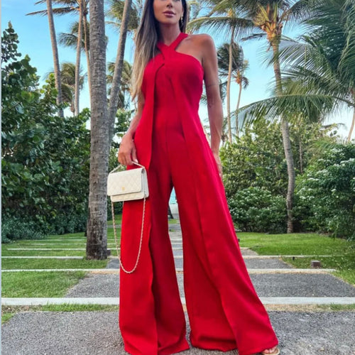Dame jumpsuit med vidde ben og innovativ halterneck Stilla